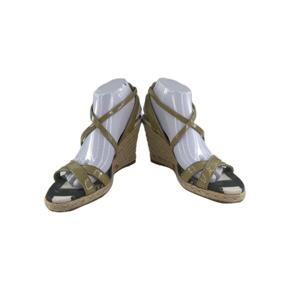 Burberry Nova Check Wedge Espadrilles US 8.5 Womens Beige Patent Strap Sandals - Picture 1 of 10
